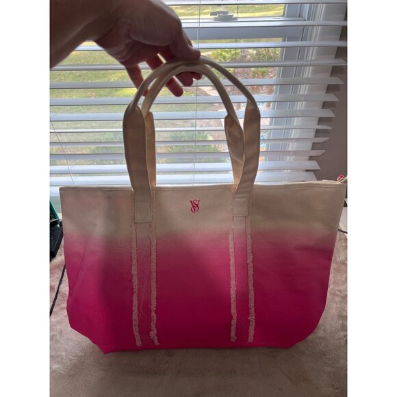 Victorias Secret Pink & Cream Gradient Canvas Tote Bag With Zipper Top & Inner L - Picture 9 of 9